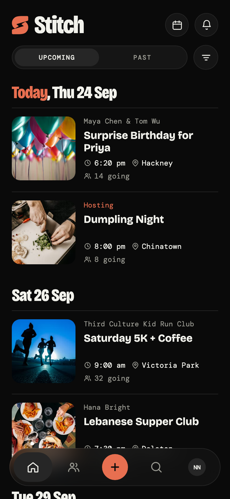Stitch app home preview, showing upcoming gatherings and event details.