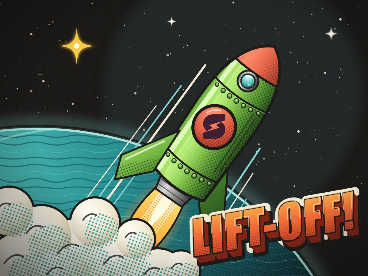A retro comic-book rocket with the Stitch logo on its side blasting off past a teal planet, with “Lift-off!” in big red letters.