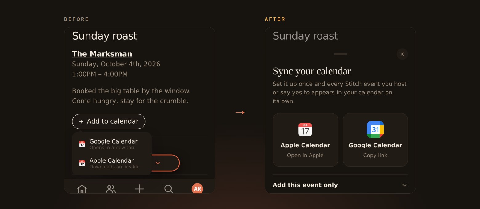 Adding an event to a calendar before and after: a small two-item menu on the left, and on the right a Sync your calendar sheet with large Apple Calendar and Google Calendar options.