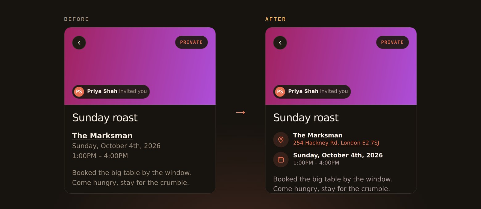 An event page for a Sunday roast before and after: the new version shows the pub name and address beside a pin icon and the date beside a calendar icon.