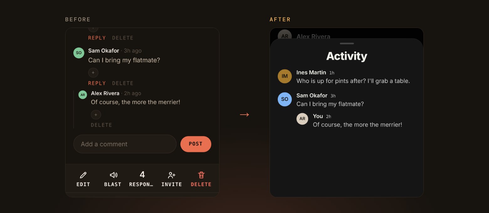 Event comments before and after: a long list with reply and delete links on the left, and on the right a clean Activity sheet with a reply tucked under the comment it answers.
