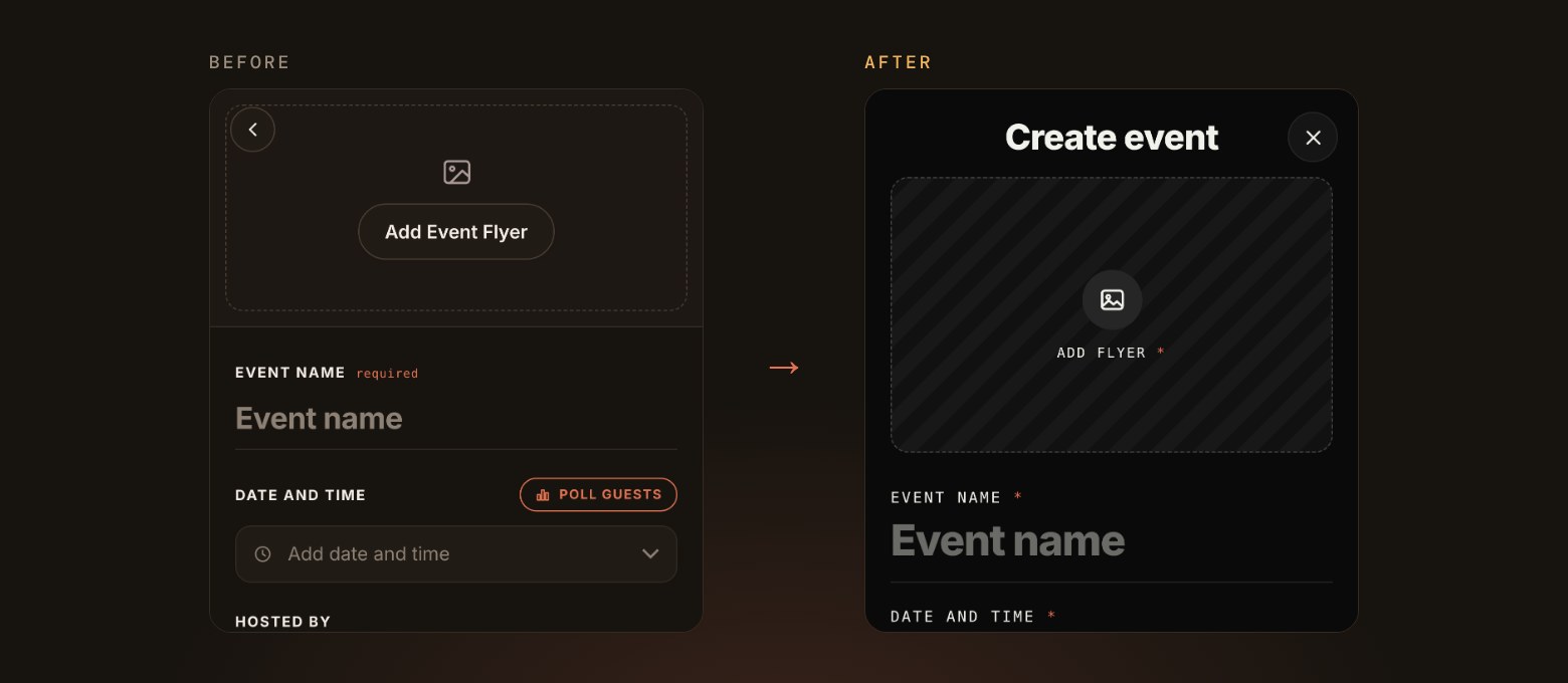 The create event screen before and after: a plain form on the left, and on the right a Create event title, a large flyer space and a big event name field.