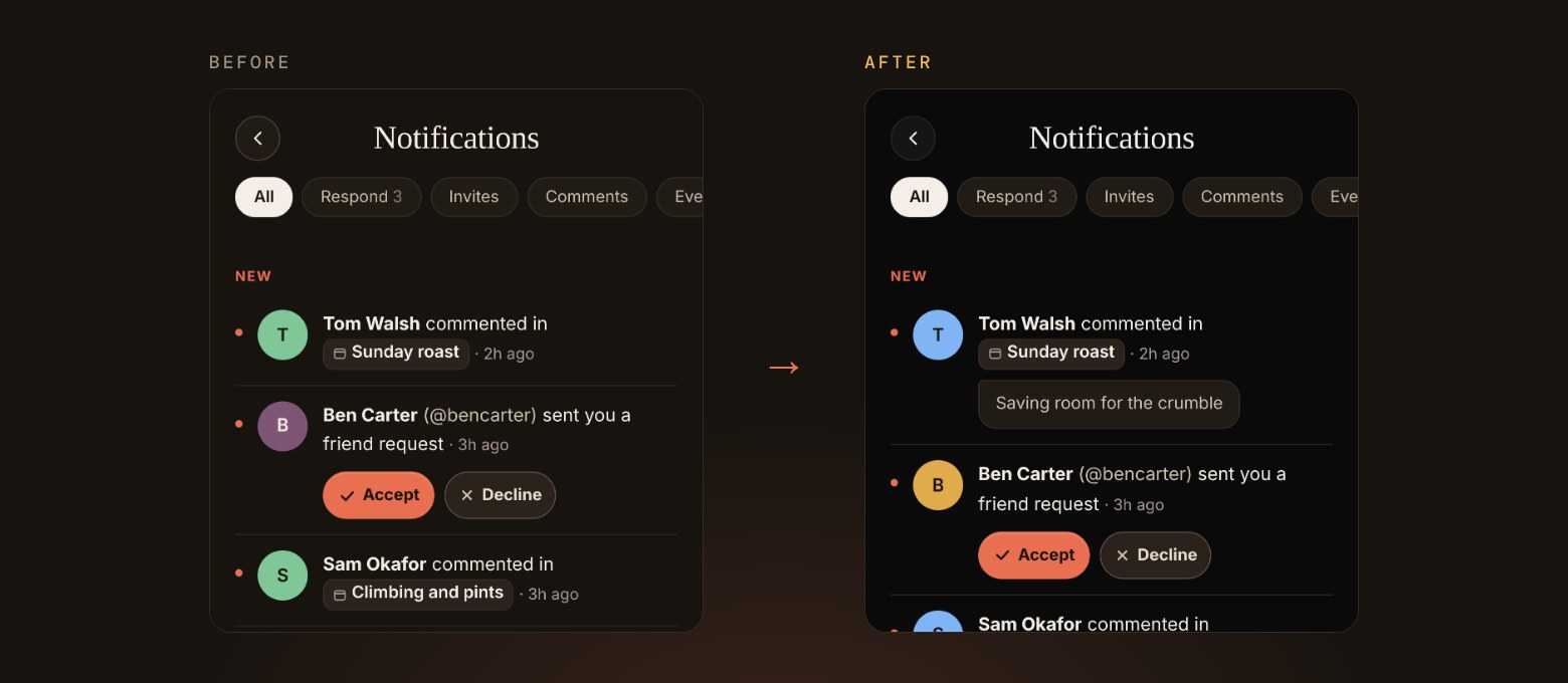 The notifications screen before and after: the new version shows the comment itself in a speech bubble under the notification.