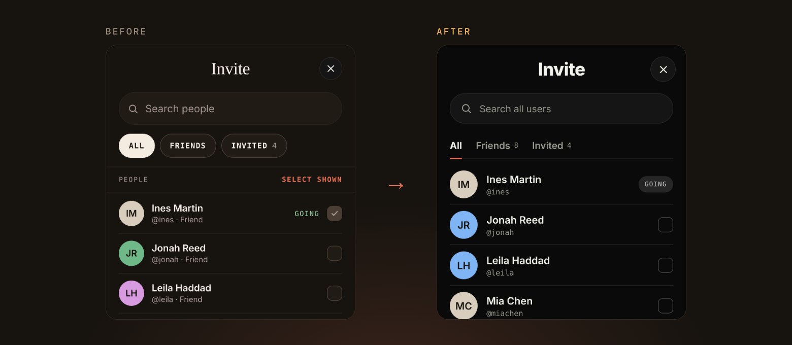 The Invite screen before and after: pill filters and a Select shown link on the left, and on the right a bold Invite title, simple All, Friends and Invited tabs and a Going badge beside a guest who has replied.
