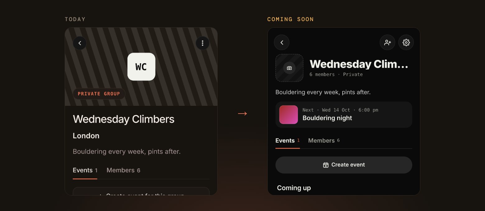 A group page today and coming soon: a large striped banner with the group name on the left, and on the right a compact header with the group’s next event and a Create event button.