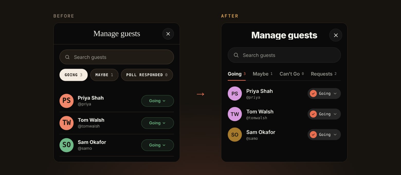 The Manage guests screen before and after: Going, Maybe and Poll responded pills on the left, and on the right Going, Maybe, Can’t Go and Requests tabs with a reply dropdown beside each guest.