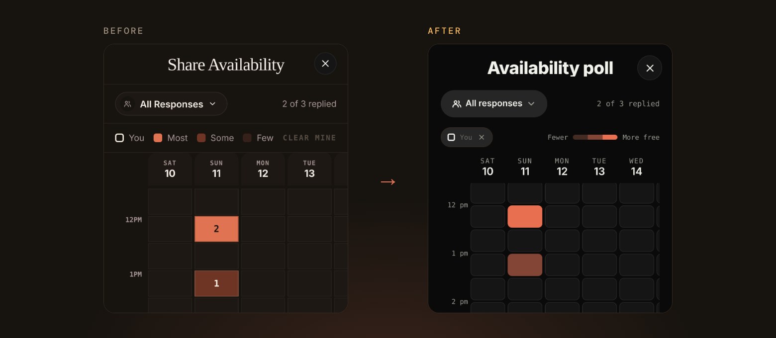 The availability poll before and after: a Share Availability grid with numbered boxes on the left, and on the right an Availability poll title, a Fewer to More free scale and a cleaner grid of times.