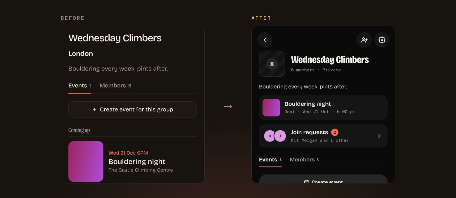 A group page before and after: a plain title, location and Create event for this group button on the left, and on the right a bold group name with member count, the next event in its own card and a Join requests row showing two people waiting.