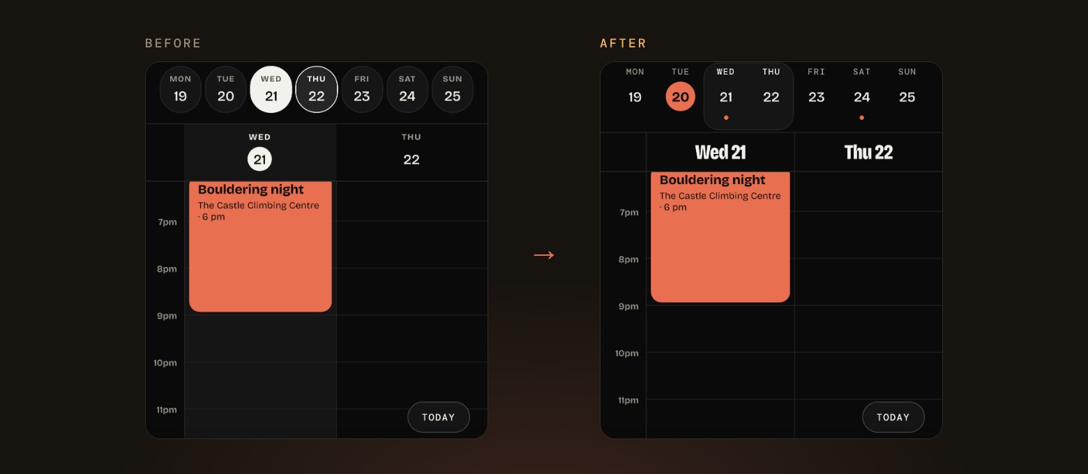 The week view on Home before and after: round date buttons and small day headings on the left, and on the right a lighter date strip with dots under days that have plans, the visible days bracketed together and bold Wed 21 and Thu 22 headings above a Bouldering night event.