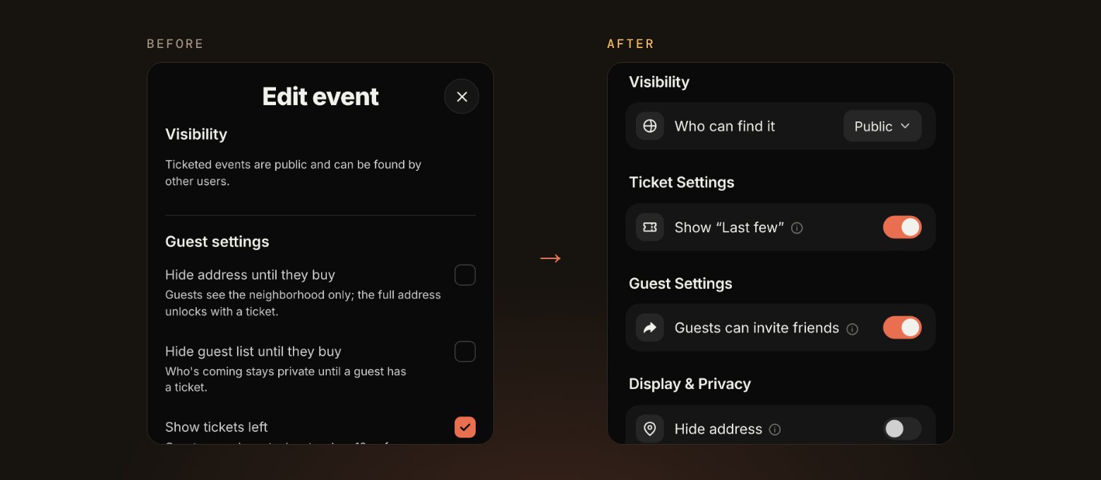 Settings for a ticketed event before and after: on the left a long list of checkboxes at the bottom of Edit event, saying ticketed events are always public, and on the right the new Event Settings page with a Who can find it menu set to Public, a Show “Last few” switch, Guests can invite friends and a Display & Privacy section.